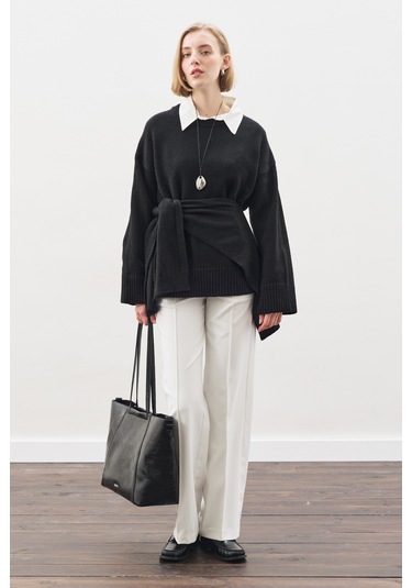 Kare Yaka Bağlamalı Triko Atkı Siyah Siyah