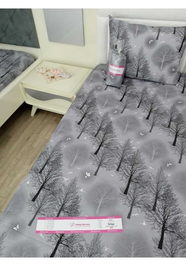 Tek Kişilik Lastikli Çarşaf Takımı - Ağaç Desenli Gri