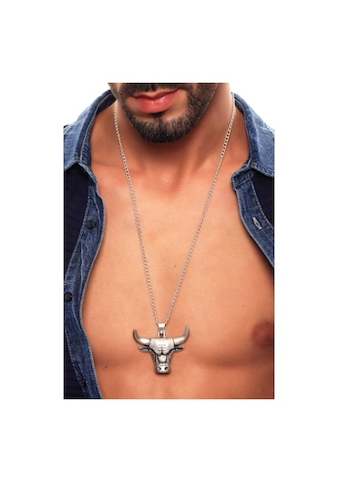 Erkek Antik Gümüş Kaplama Boğa Simge Uçlu Kolye Gümüş