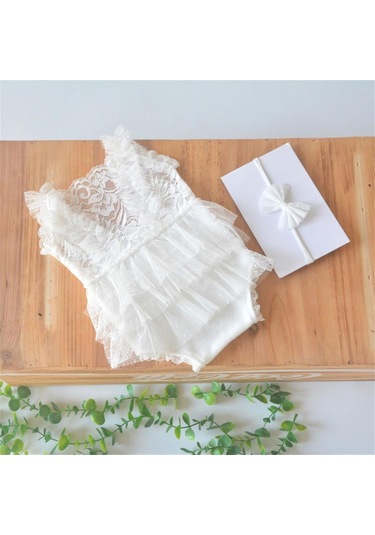 Bebek Fotoğraf Giysileri Dantel Romper Bowknot Saç Bandı Kıyafet Doğum Fotoğrafçılık Props Kostüm Giyim Bebek Tedarik Beyaz