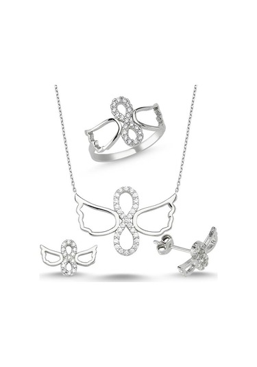 Kanatlı Sonsuzluk Taşlı Gümüş Kolye Küpe Yüzük Seti Wss06