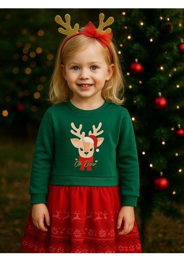 Kız Çocuk Geyikli Yılbaşı Temalı Taç Hediyeli Elbise-16405 Kırmızı