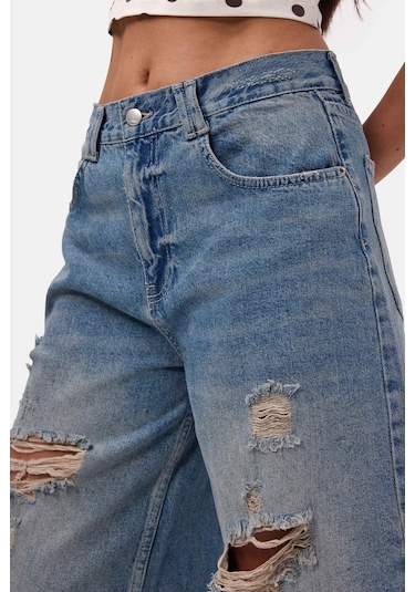 Itsbasic Kadın Kot Rengi 10s6-84 Yırtık Detaylı Maxi Bermuda Şort