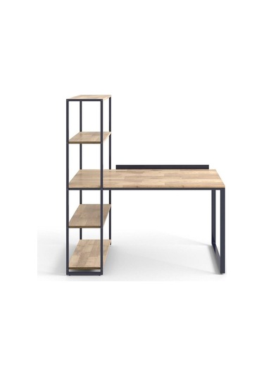 Dou Metal Raflı Masif Panel Doğal Ahşap Çalışma Masası Siyah