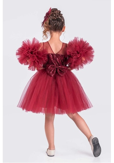 Kız Çocuk Abiye Elbise Ponpon Kol Pul Payetli Tütülü Bordo