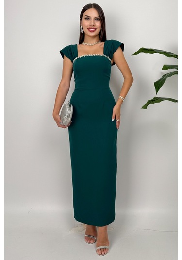 Valentia Madonna Yaka Taş İşlemeli Kalem Zümrüt Yeşili Abiye Elbise, Zarif Davet Elbisesi Zümrüt Yeşili