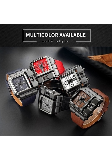 Novahub Oulm 3364 Erkek Kadran Deri Kemer Kuvars Saat Beyaz Çok Renkli, Kırmızı Model Çok Renkli