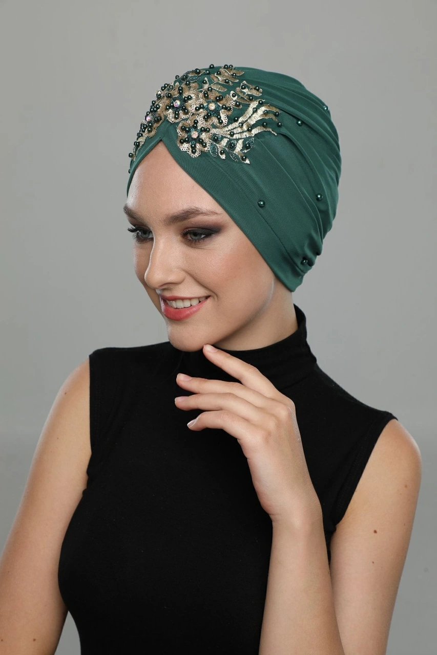 Kopma Astarlı Işlemeli Yeşil Sırma Motifli Hazır Türban Tesettür Abiye Bone Yeşil Sırma