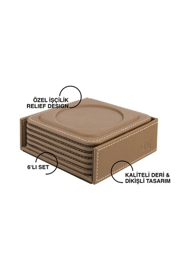Bardak Altlığı,6 Lı Set,masaüstü Yuvarlak Cup Coaster,vegan Suni Deri,11x11 Cm.,vizon Vizon