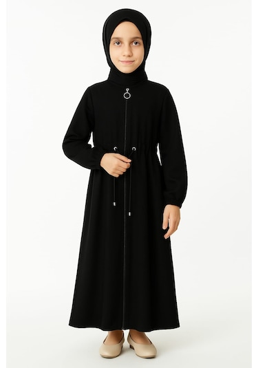 Medine İpeği Beli Lastikli Bağcıklı Çocuk Ferace Siyah Siyah