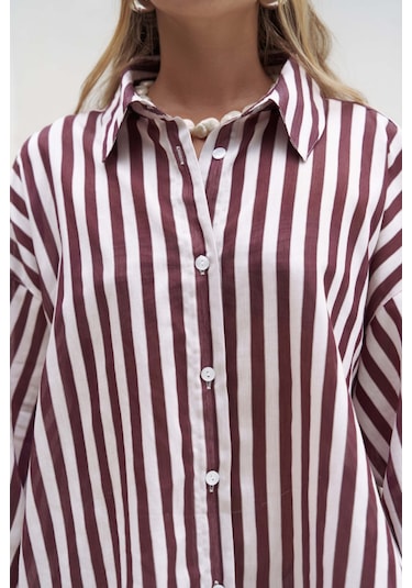 Rosy Transparan Çizgili Bordo Oversize Gömlek bordo