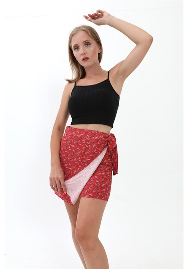 Çiçek Desenli Yandan Bağlamalı Etek - Kırmızı-kırmızı Kırmızı