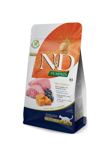 N & D Balkabaklı Kuzu Etli Yaban Mersinli Tahılsız Kısırlaştırılmış Yetişkin Kedi Maması 1500 G