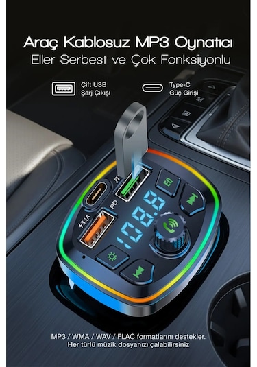 Bluetooth Araç Çakmaklık Fm Transmitter 48w Pd Hızlı Şarj Çift Mikrofon Araç Şarj Cihazı