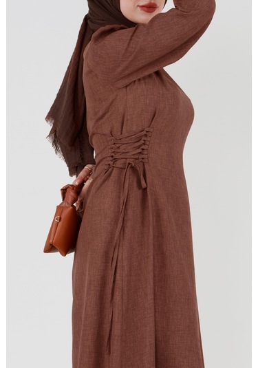 Yanı Bağcıklı Keten Elbise-kahverengi-3365-açık Mavi Açık Mavi