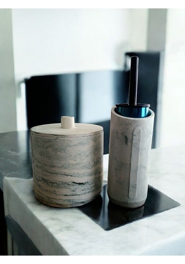 Mermer Desen Yeşil Renk Beton Çöp Kovası Ve Fırçalık Gri