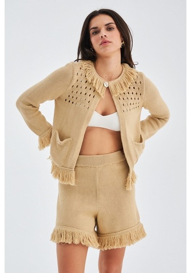 Peraluna Mıyoki Cardıgan & Shorts Mevsimlik Pamuklu Kadın Triko T Bej