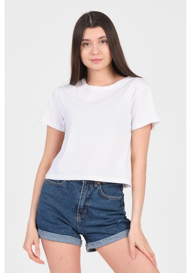 As Collection Beyaz Bisiklet Yaka Kısa Kol Örme Kadın Crop 001