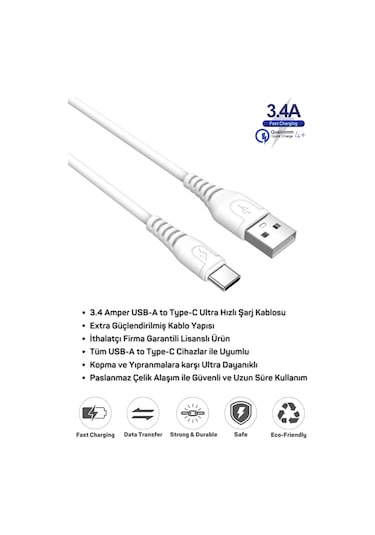 LG Q7+ Uyumlu 3 Metre 3.4 Amper Ultra Hızlı Type-C Şarj Kablosu - İthalatçı Garantili