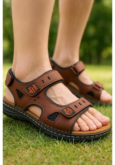 Günlük Erkek Sandalet Kalın Ortopedik Dikişli Taban Cırtlı Havuz Deniz Ayakkabısı 5201 Kahverengi