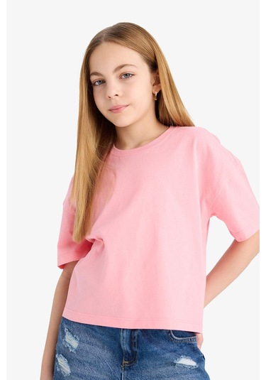 Defacto Kız Çocuk Relax Fit Bisiklet Yaka Basic Düz Kısa Kollu Tişört Z5095a625smpn323 Pembe