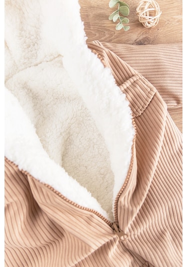 Kapüşonlu Kadife İçi Peluş Welsoft Erkek Bebek Tulum Bej