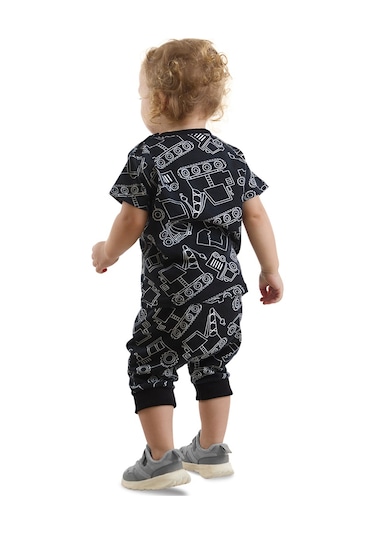 Denokids Araba Erkek Bebek Siyah T-shirt Kapri Şort Takım Siyah