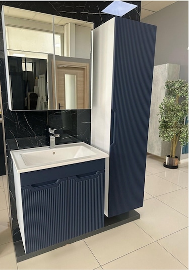 Banyo Dolabı Aynalı Boy Dolaplı Membran Kapaklı 65 Cm Mavi