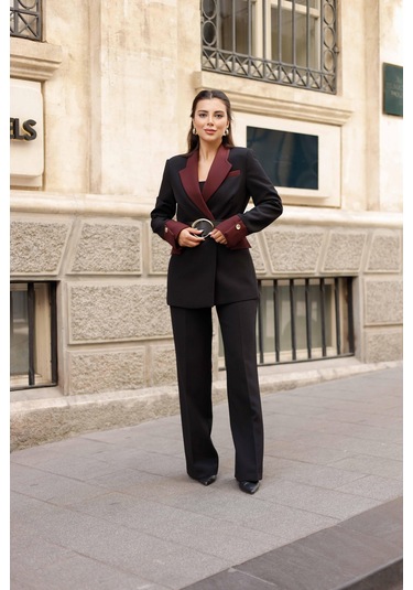 Gold Kemerli Garnili Kruvaze Takım Siyah Siyah