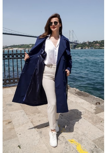 Pastelastore %100 Pamuk Gabardin Uzun 110cm Astarlı Kemerli Kadın Trençkot 1111 Lacivert
