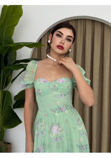 Şifon Kumaş Dijital Desen Baskılı Elbise L