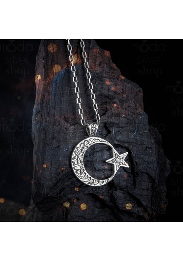 Modasilvers 925 Ayar Gümüş Kelime-i Tevhid Yazılı Ayyıldız Erkek Kolye Gümüş