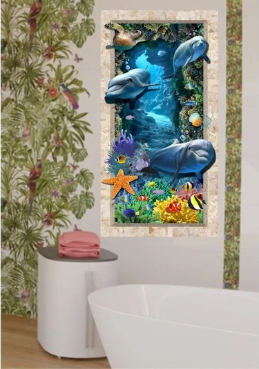 Sprintfox Banyo İçin Duvara Yapıştırılan 3d Seramik Stickerleri - Yunus Balıkları 155880373 Mavi