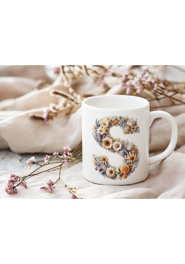 S Harfi Çiçek Desenli Kupa Bardak - Alfabe Harfleri İle Doğal Çiçekli Kupa - Hediye Fikir Beyaz