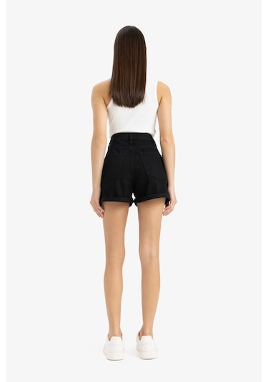 DeFacto Mom Fit Yüksek Bel Duble Paça Jean Şort E0926AX25SMNM40 Siyah
