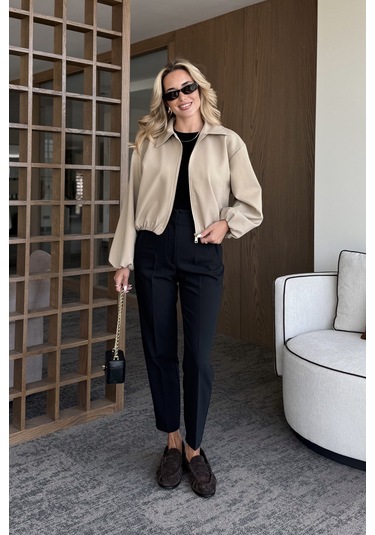 Camel Crop Bomber Ceket Camel