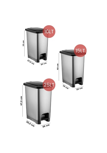 Nandy Home Eco Slim Pedallı Çöp Kovası 3'lü Set / 10-15-25 Lt Antrasit