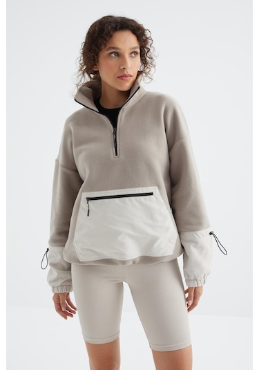 Tommy Life Koyu Bej Etek Ucu Büzgülü Yarım Fermuarlı Oversize Kadın Polar Sweatshirt - 97238 Koyu Bej