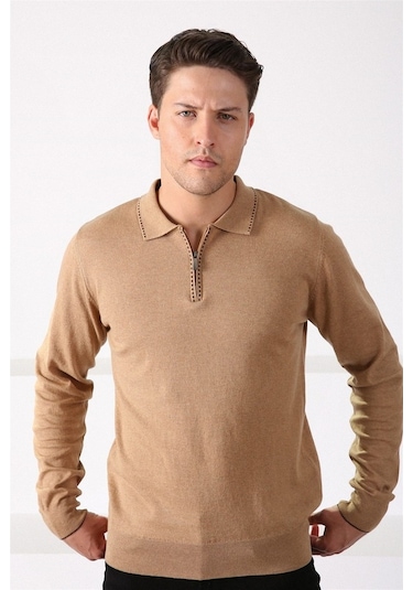 Ferraro Camel Polo Yaka Fermuarlı Erkek Pamuk Kazak Camel
