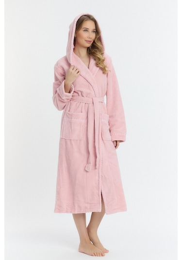 Mulberry Triga Kapüşonlu Kadın Bornozu %100 Pamuk Pembe