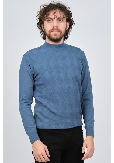 Çizgi Triko Erkek Yarım Balıkçı Baklava Desenli Kazak 42564257 Ma Mavi