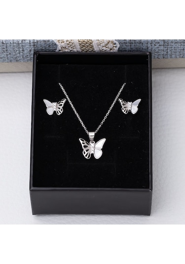 Kelebek Model Sedef Taşlı 925 Ayar Gümüş Kadın 2'li Set Gümüş