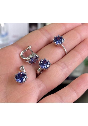 Silver Point Lacivert Taşlı Üçlü Set Gümüş