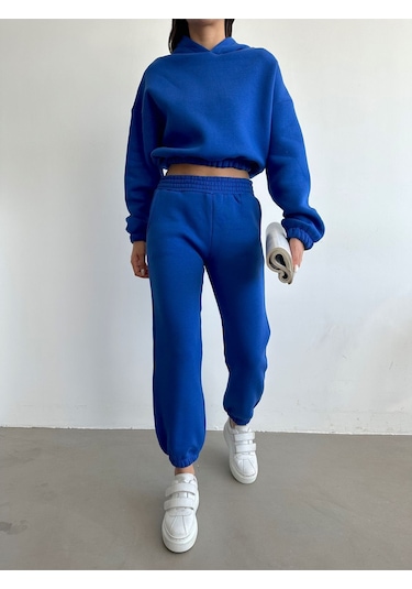 Kadın Pamuklu İçi Polarlı Basic Eşofman Takımı Saks