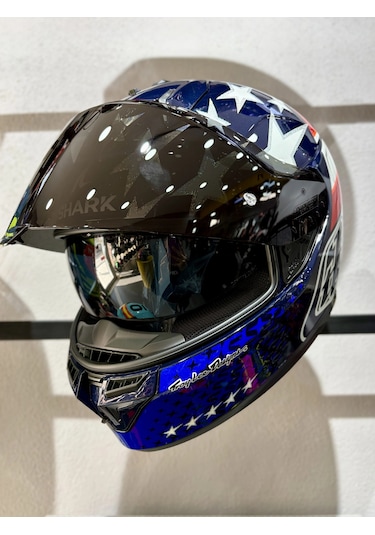 Skwal İ3 Us Flag Ledli Kapalı Kask Şeffaf Vizörlü Kask Mavi Beyaz