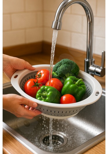 Yer Kaplamaz Katlanır Pratik Süzgeç - Akordiyon Süzgeç - Oval