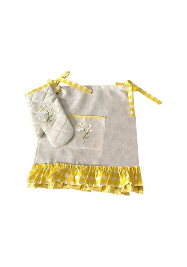 Sarı Pötikare Papatya Nakışlı, Fırfırlı, Buldan Keten Fırın Önlüğ