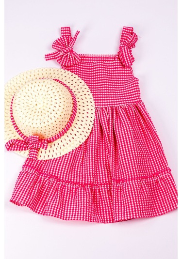 Kız Çocuk Şapkalı Elbise Kareli Fiyonklu B33 Pembe