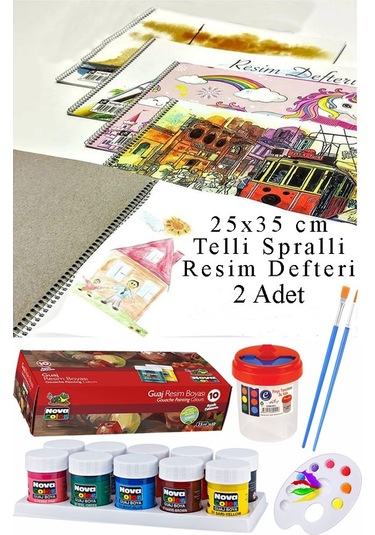 10 Renk Guaj Boya Nova Color 25x35 Cm Telli Spralli Resim Defteri Palet Resim Fırçası 15 Yaprak Guajboya Resim Defteri Çok Renkli