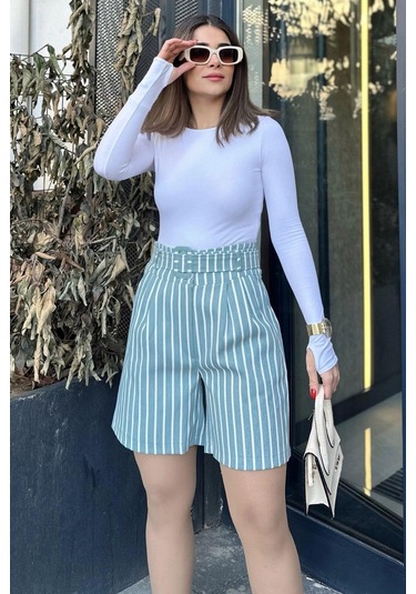 WeShaya Kadın Mint Kemerli, Yüksek Bel, Pliseli, Rahat Kesim, Gabardin Şort Mint
